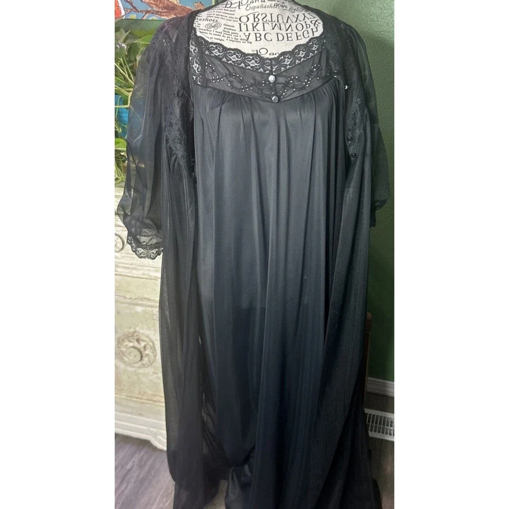 Vtg JC Pennys Black  Nightgown & Robe Peignoir Set- M Whimsigoth Goth Victorian